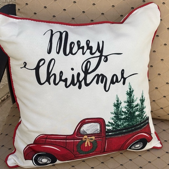 Red and White Christmas Pillow with Vintage Truck and Merry Christmas Text - Picture 3 of 4